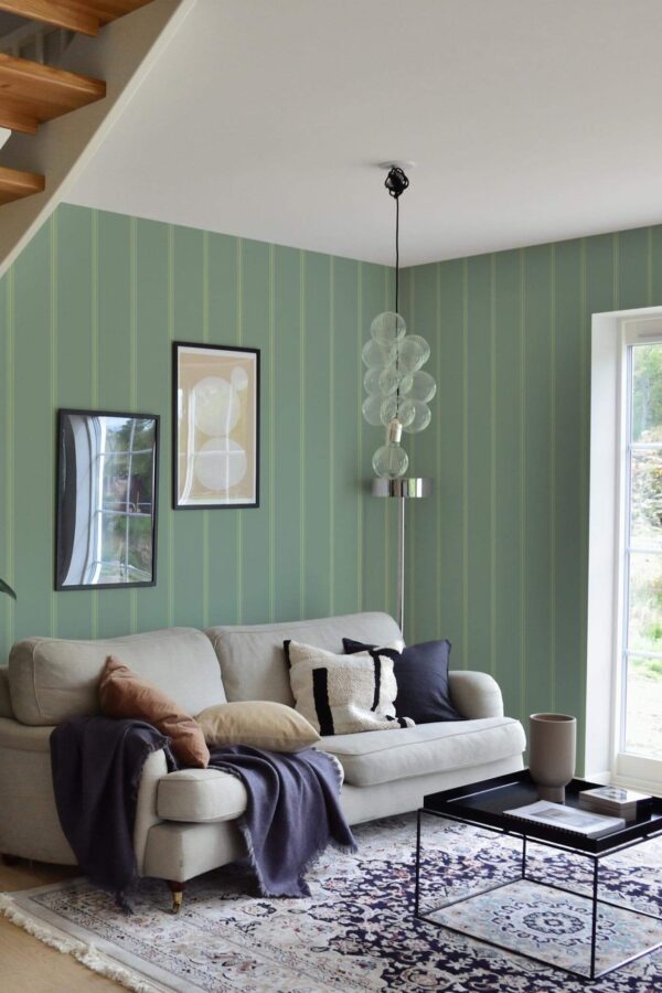 Contemporary style living room and kitchendecorated with Neutral stripes peel and stick wallpaper
