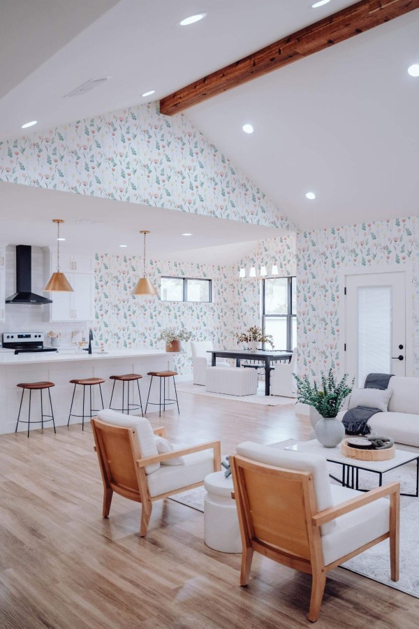 Contemporary style living room and kitchendecorated with Neutral watercolor Flower peel and stick wallpaper