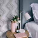 Rustic style bedroom decorated with Neutral waves peel and stick wallpaper