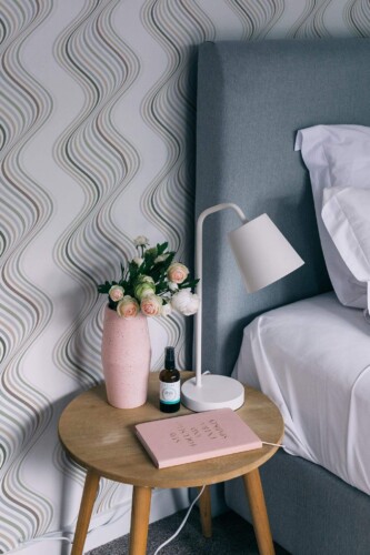 Rustic style bedroom decorated with Neutral waves peel and stick wallpaper