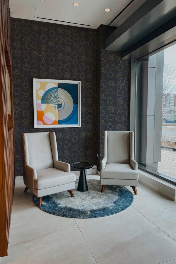 Mid-century-modern style living room decorated with New year peel and stick wallpaper