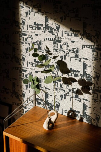 Black and white newspaper wallpaper featuring vintage-style headlines and fragmented text clippings, adding a bold, eclectic look to a modern interior corner. The wall is partially bathed in warm natural light, casting leafy plant shadows across the design. A wooden cabinet topped with a sculptural ceramic vase and eucalyptus stems sits in front, enhancing the room's artistic and organic vibe. Made by Fancy Walls, the wallpaper is available in peel and stick or non-pasted PVC-free formats, printed with GreenGuard Gold certified inks.