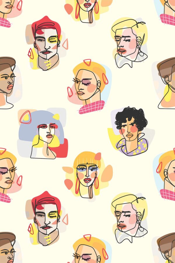 Unpasted wallpaper featuring fun faces in yellow hues by Fancy Walls