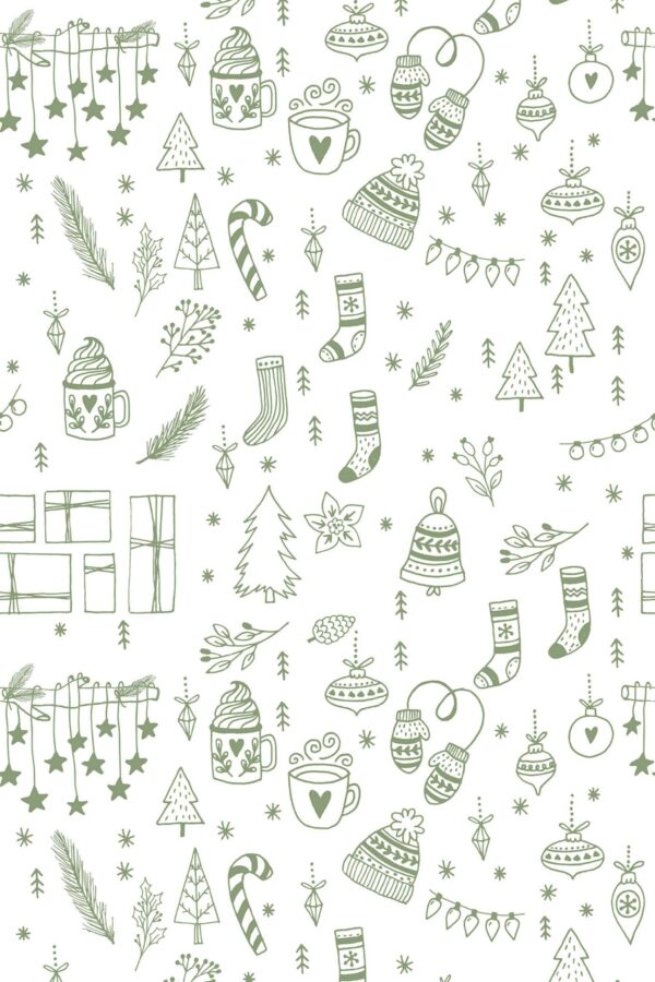 Green fun self-adhesive wallpaper with Christmas doodles for a vibrant living room by Fancy Walls