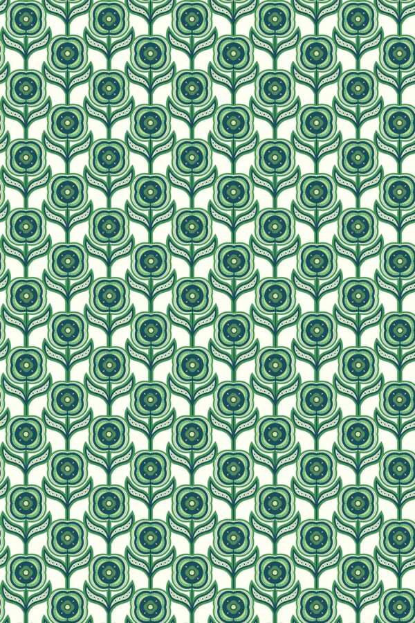 Green Retro Floral Charm Wallpaper