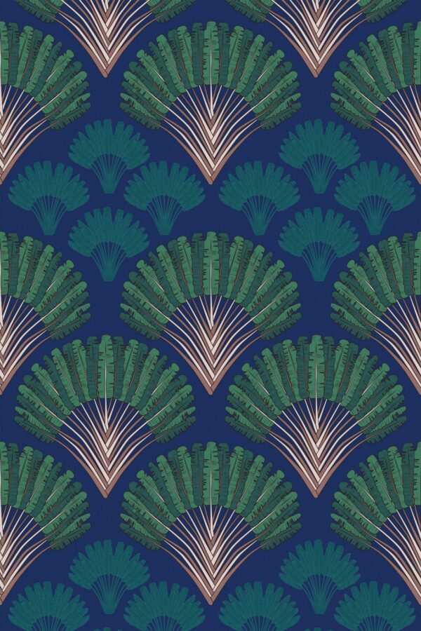 Fancy Walls peel and stick wallpaper featuring Art Deco Palm in blue.
