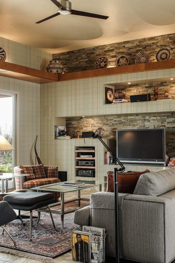 Scandinavian style living room decorated with Notebook grid peel and stick wallpaper and Mediterranean accents
