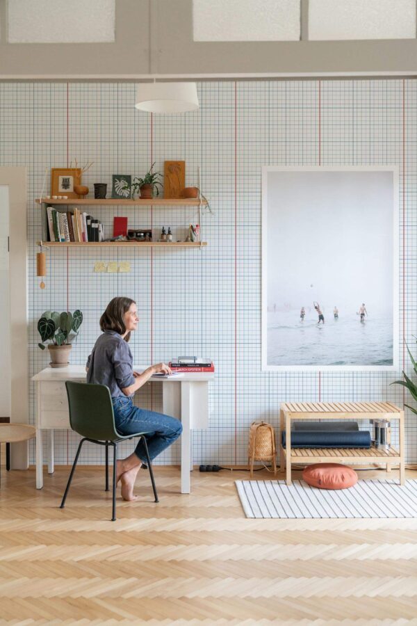 Simple Coastal style home office decorated with Notebook grid peel and stick wallpaper