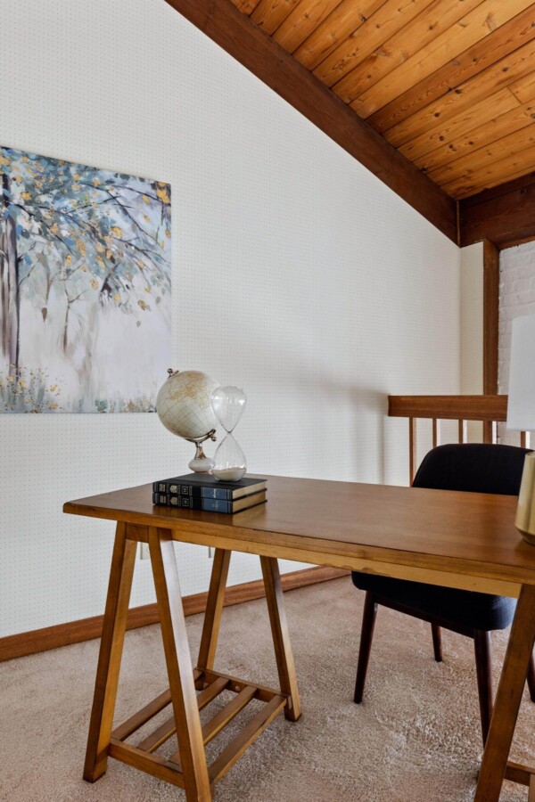 Farmhouse rustic style home office decorated with Notebook pattern peel and stick wallpaper