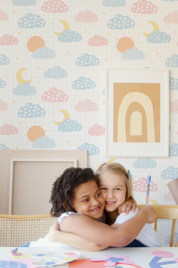 Boho style kids playroom decorated with Notebook peel and stick wallpaper