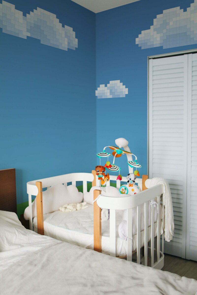 Pixel Play peel and stick or non-pasted wall mural. Fancy Walls removable self-adhesive or traditional blue and white pixel art eco-friendly and PVC-free kids room gaming mural wallpaper.