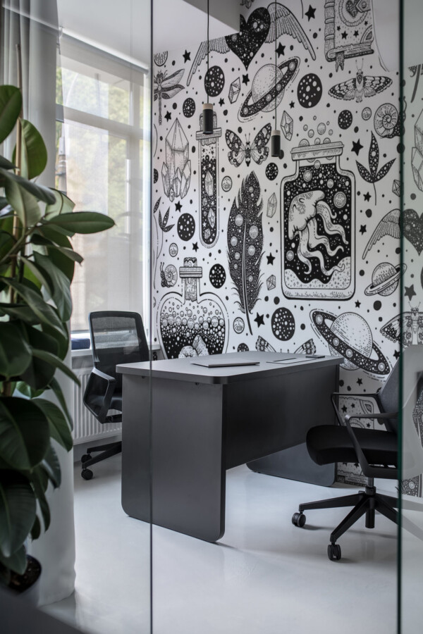 Black and white removable wall mural with celestial elements by Fancy Walls