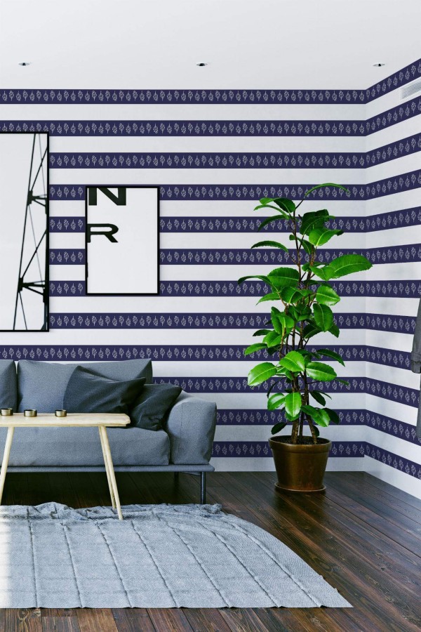 Modern scandinavian style living room decorated with Oak leaf wide stripe peel and stick wallpaper