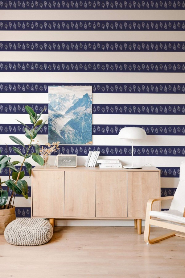 Scandinavian style living room decorated with Oak leaf wide stripe peel and stick wallpaper
