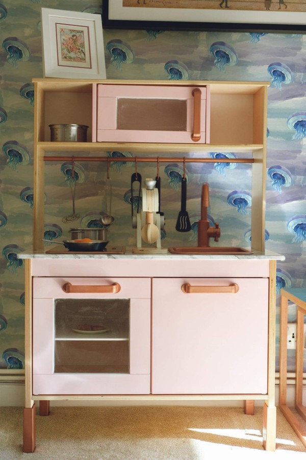 Boho style kids playroom decorated with Ocean jellyfish peel and stick wallpaper