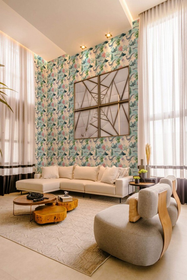 Contemporary style living room decorated with Ocean life peel and stick wallpaper