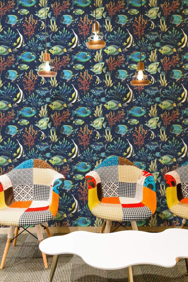 Mid-century modern style living room decorated with Ocean peel and stick wallpaper