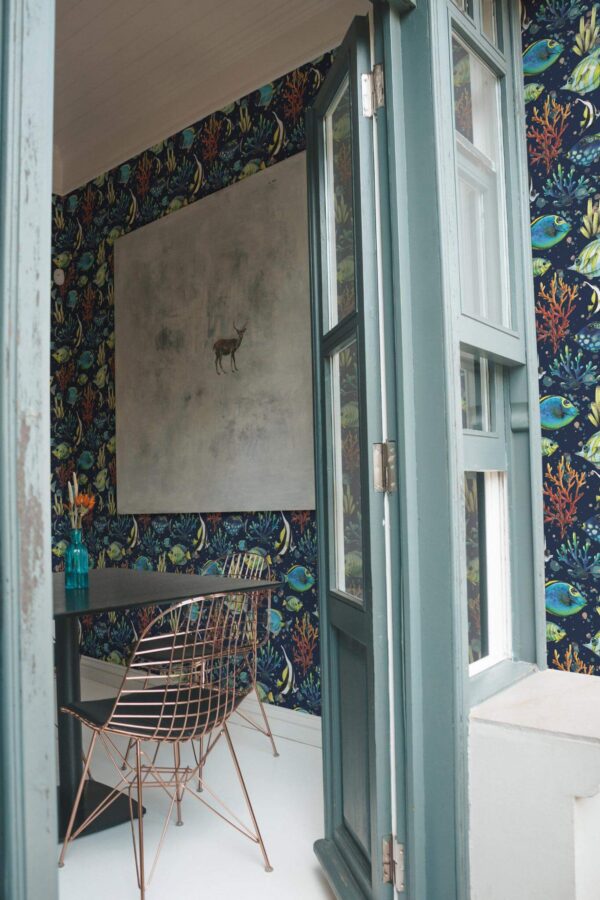 Minimal coastal style cafe decorated with Ocean peel and stick wallpaper
