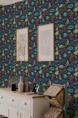 Scandinavian style bedroom decorated with Ocean peel and stick wallpaper