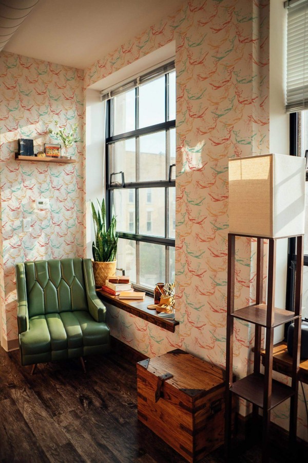 Mid-century style living room decorated with Ocean whales peel and stick wallpaper