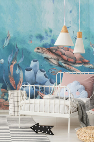 Dreamy Undersea Wall Mural with a whale, turtle, and sea plants in soft blue tones, ideal for kids’ rooms, nurseries, or ocean-themed play spaces.