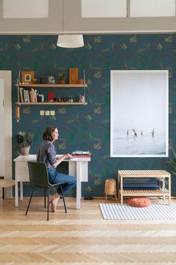 Simple Coastal style home office decorated with Office jungle peel and stick wallpaper