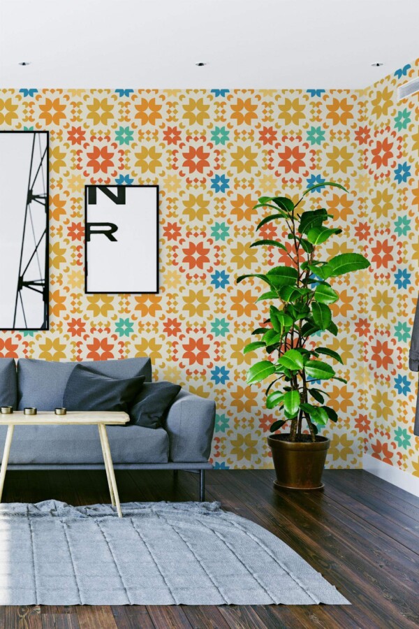 Modern scandinavian style living room decorated with Oldschool geometric peel and stick wallpaper