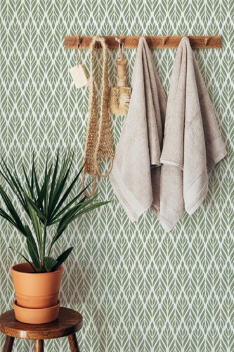 Boho style bathroom decorated with Olive green Art deco peel and stick wallpaper