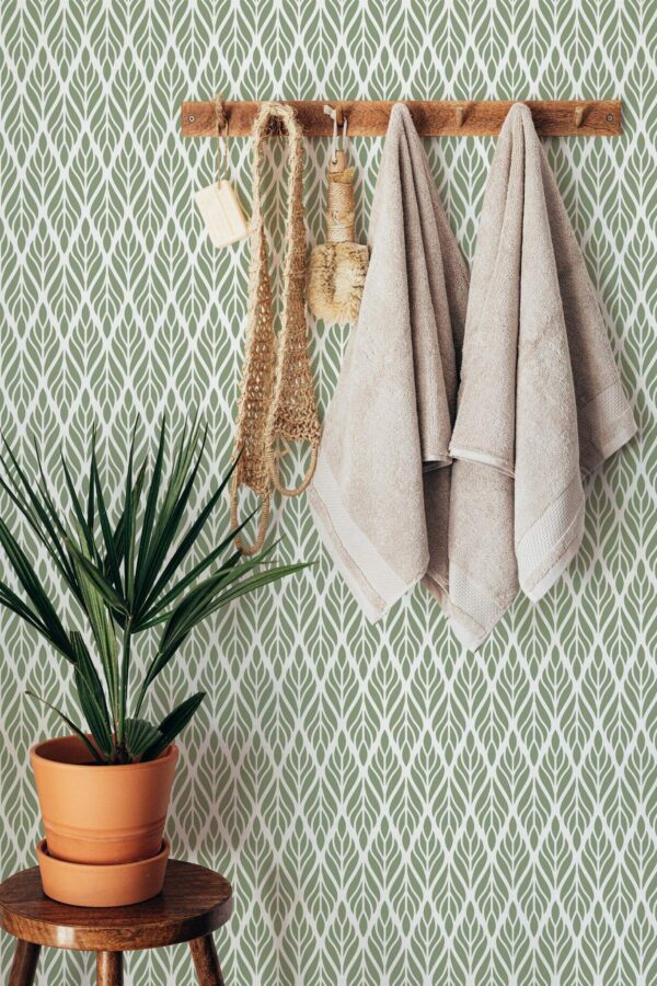 Boho style bathroom decorated with Olive green Art deco peel and stick wallpaper