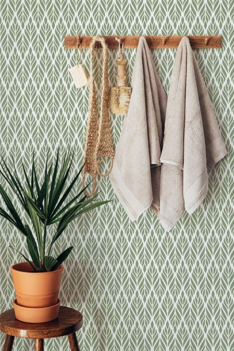 Boho style bathroom decorated with Olive green Art deco peel and stick wallpaper