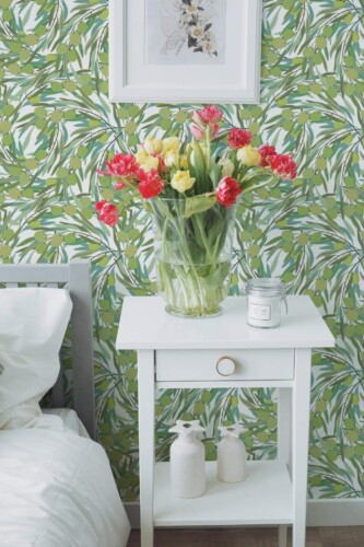 Farmhouse style bedroom decorated with Olive tree peel and stick wallpaper