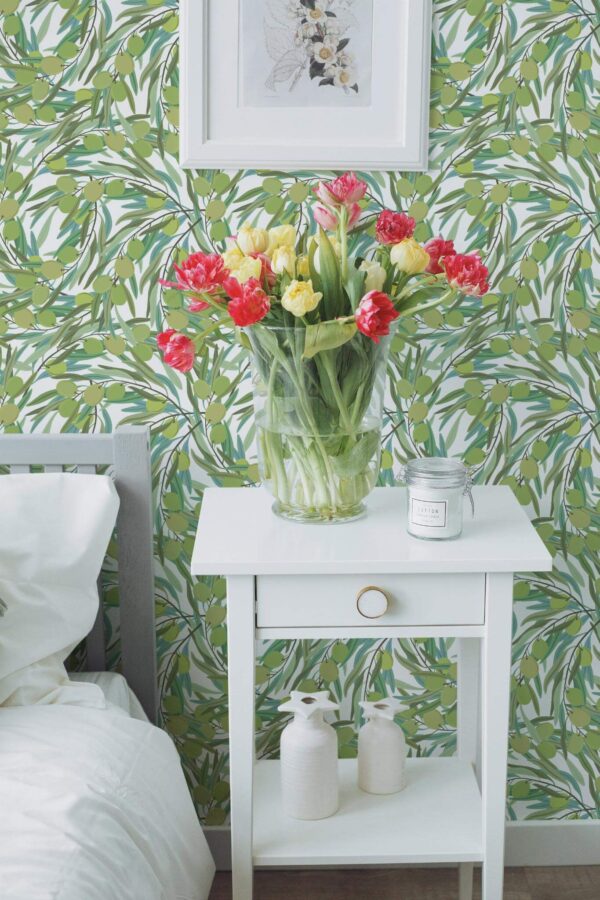 Farmhouse style bedroom decorated with Olive tree peel and stick wallpaper