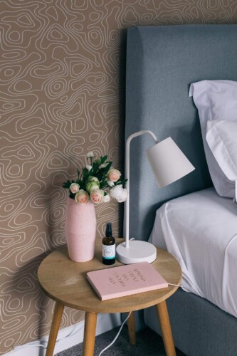 Rustic style bedroom decorated with One line brown peel and stick wallpaper