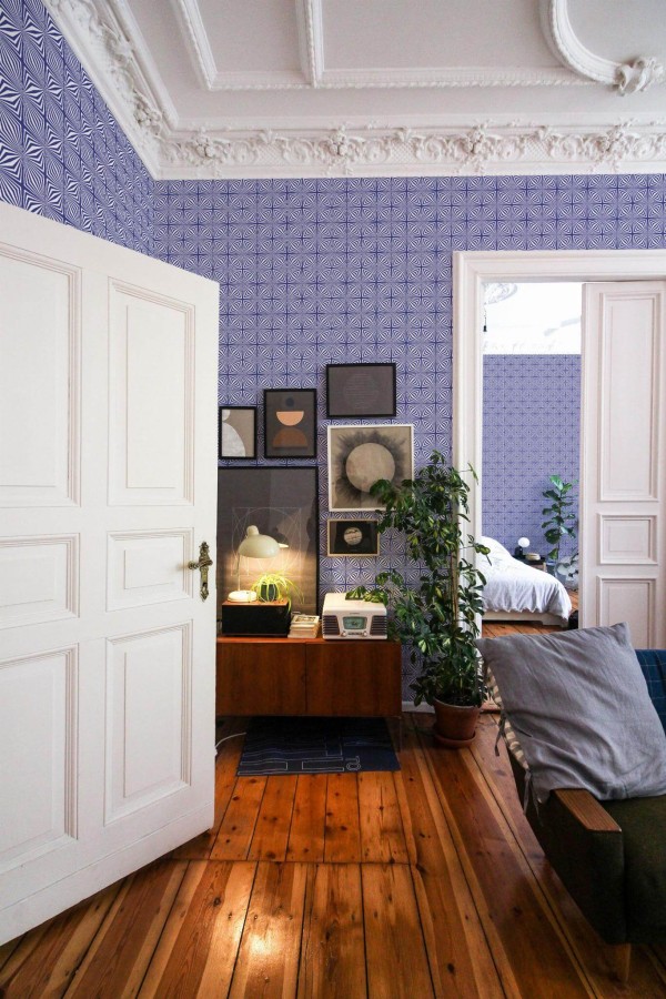 Mid-century modern luxury style living room and bedroom decorated with Optical illusion peel and stick wallpaper