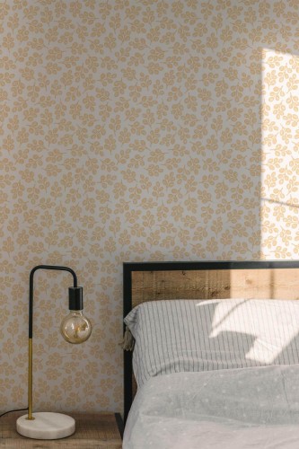 Minimal modern style bedroom decorated with Orange and white leaf peel and stick wallpaper