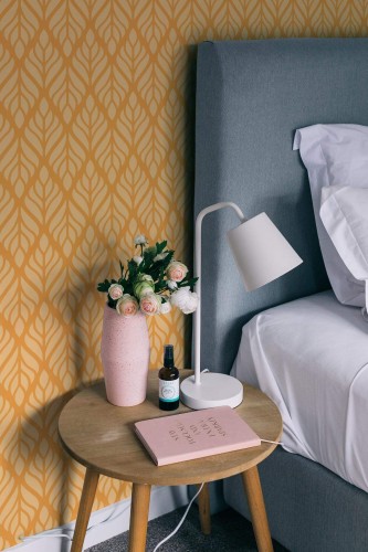 Rustic style bedroom decorated with Orange Art deco peel and stick wallpaper