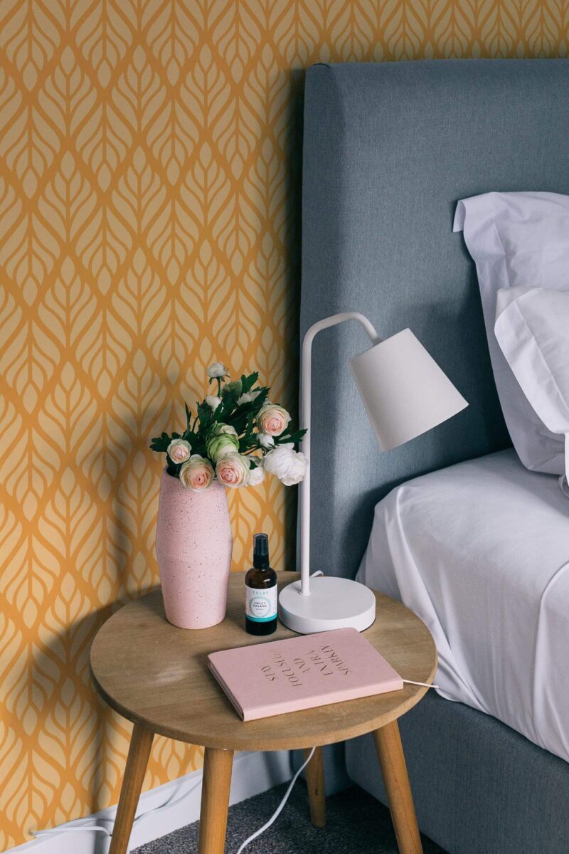 Rustic style bedroom decorated with Orange Art deco peel and stick wallpaper
