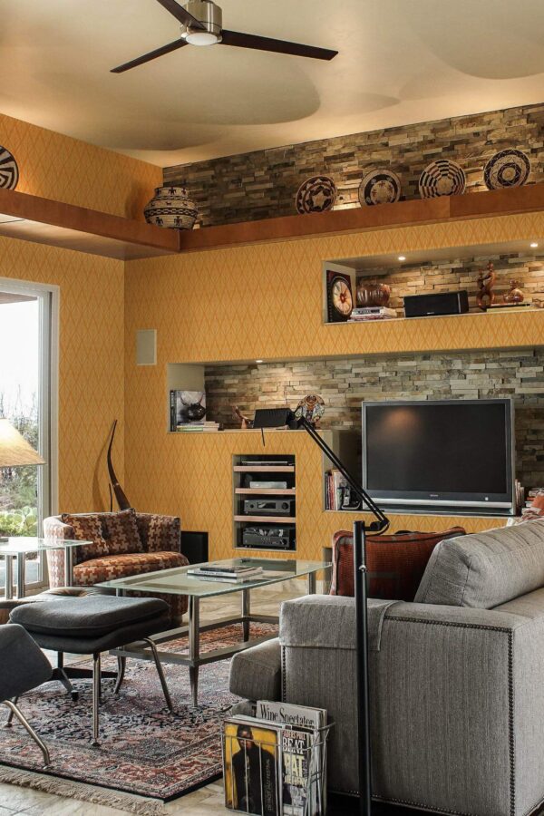 Scandinavian style living room decorated with Orange Art deco peel and stick wallpaper and Mediterranean accents
