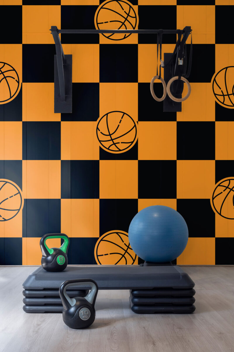 Vibrant Orange Basketball Wall Mural with large basketballs on a bold black-and-orange checkered background, ideal for gym and game room walls.