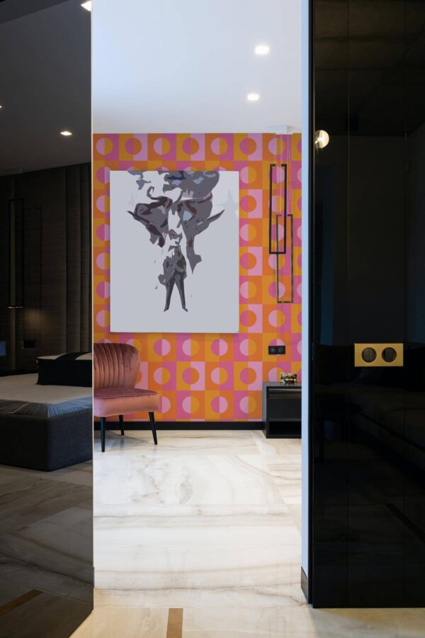 Art deco style bedroom decorated with Orange circles peel and stick wallpaper