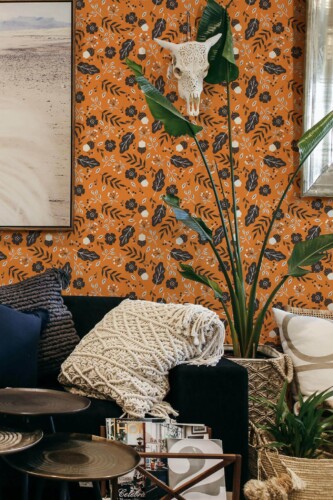 Scandinavian style living room decorated with Orange fall peel and stick wallpaper