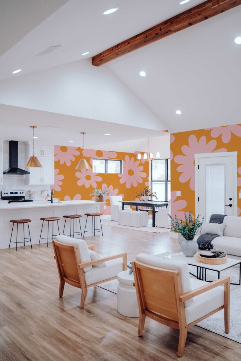 Whimsical Orange Blossom wall mural with orange and pink retro bold floral design, perfect for accent walls, bedrooms, or playful interiors.