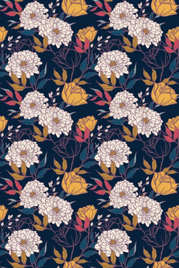 Fancy Walls Orange Floral wallpaper for Dining room walls in Botanical style traditional wallpaper.