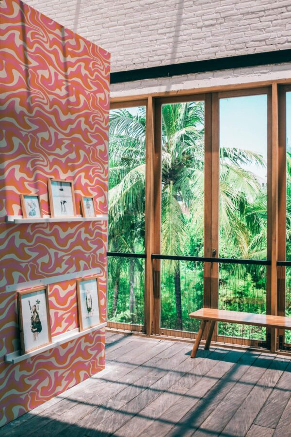 Coastal style living room decorated with Orange groovy peel and stick wallpaper