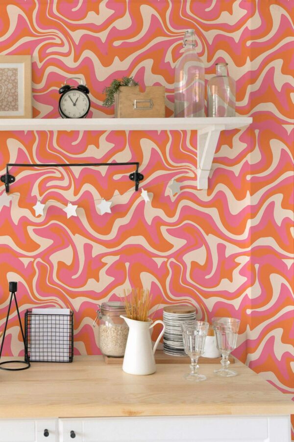 Orange groovy wallpaper pattern featuring funky curves and vibrant hues, perfect for accent walls. In this modern kitchen, the design adds a bold, contemporary twist that energizes the space while maintaining a playful and sophisticated aesthetic.