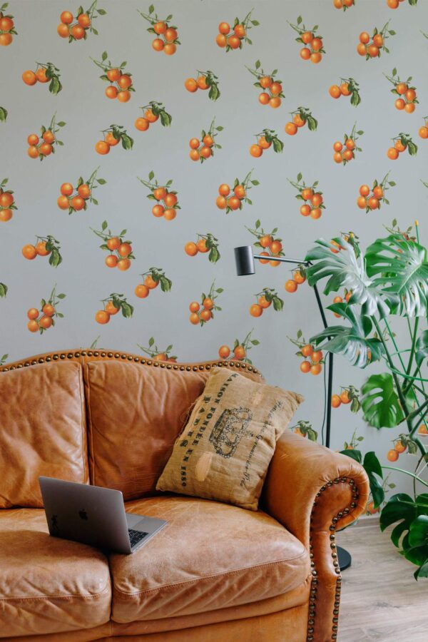 Mid-century modern style living room decorated with Oranges peel and stick wallpaper