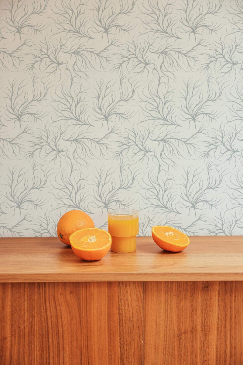 Mid-century style living room decorated with Organic pattern peel and stick wallpaper