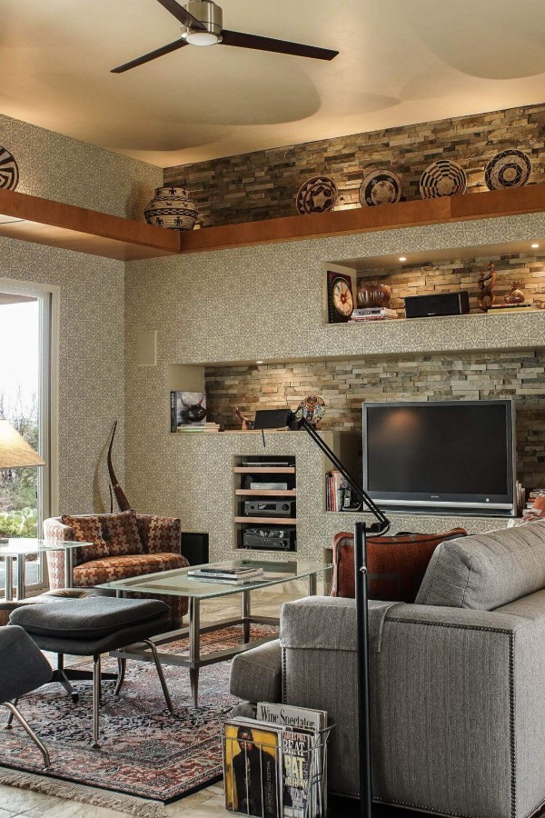 Scandinavian style living room decorated with Oriental geometric Floral peel and stick wallpaper and Mediterranean accents
