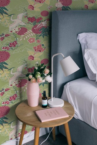Rustic style bedroom decorated with Oriental paradise peel and stick wallpaper
