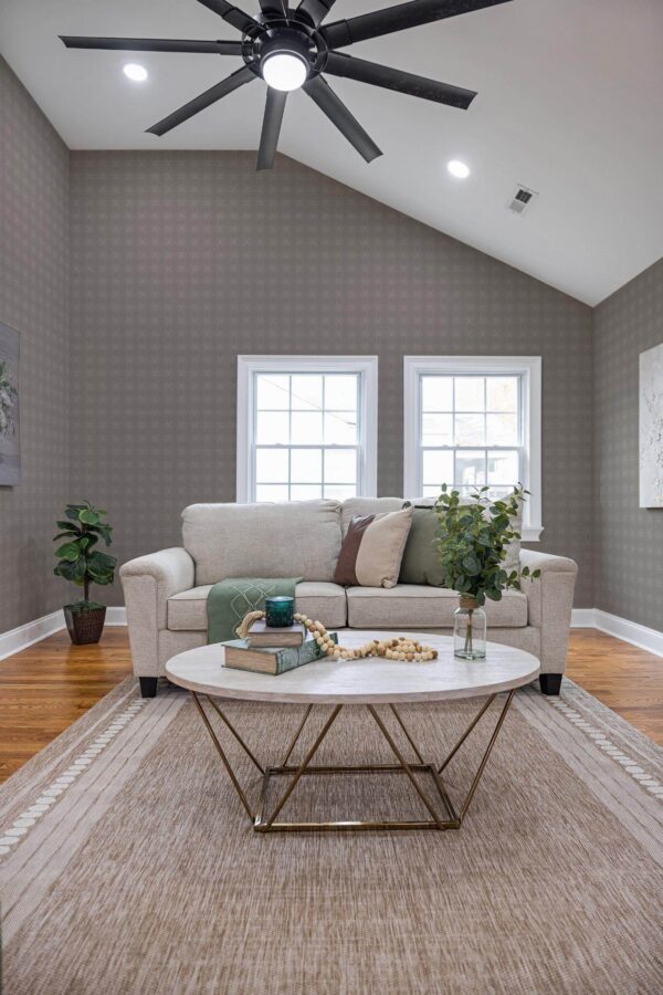 Scandinavian style living room decorated with Ornamental peel and stick wallpaper